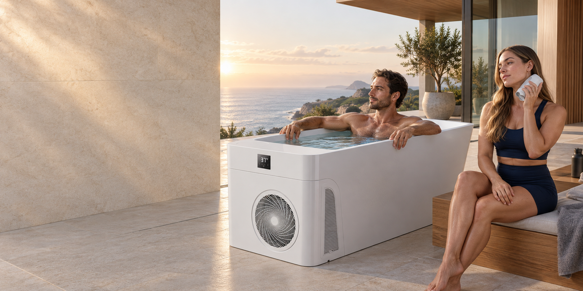 A couple at a tropical resort deck: one in the Cryomedics cold plunge set to 37 degrees, the other holding a Cryo-1 palm cooling device