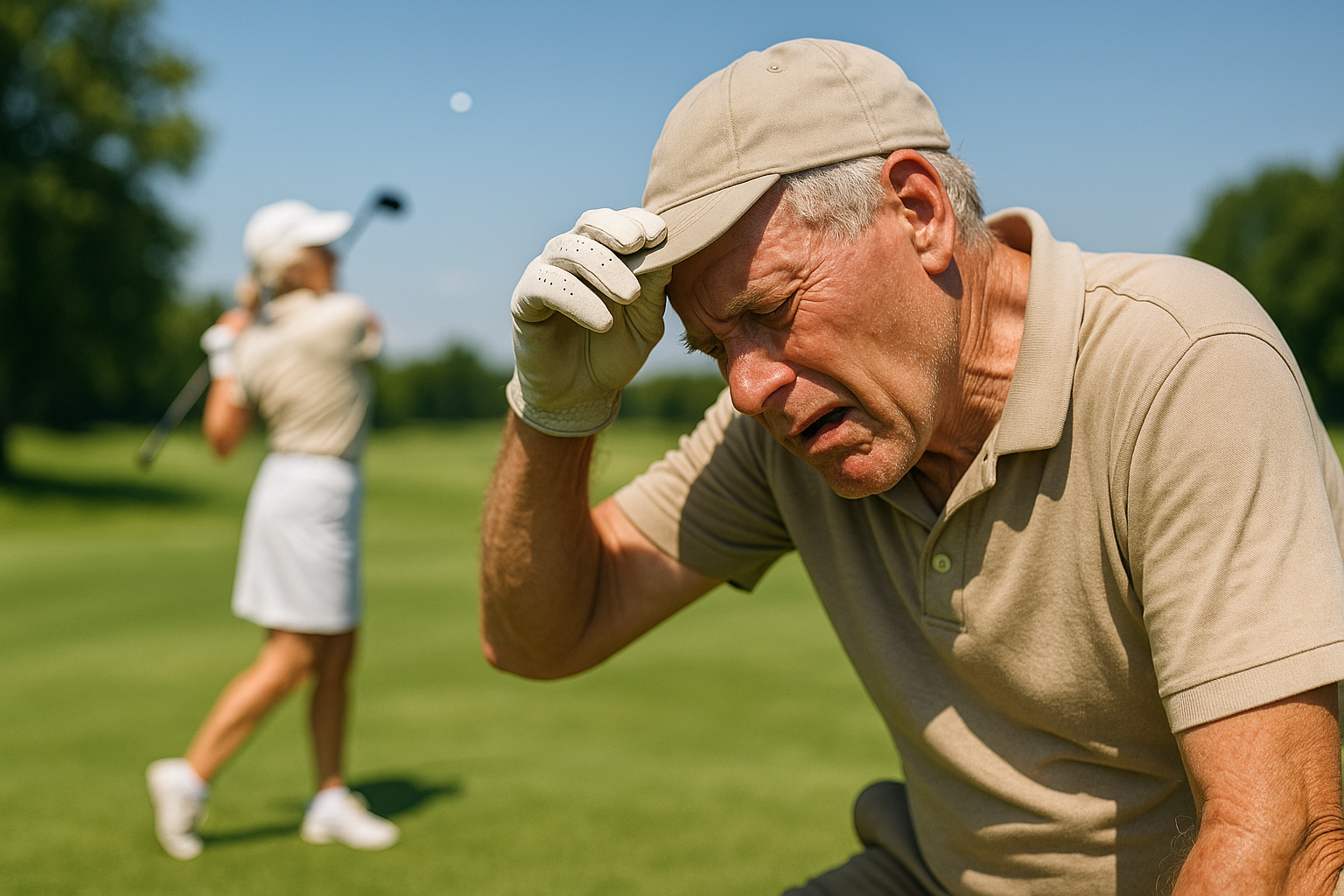 Two golfers, a female and a male in there 60s a route on a beautiful day at the golf course the female is teeing off with her golf club over a shoulder having just taken a swing and golf ball is being hit in the distance in the foreground, the male is hunched over and visibly distressed from heat the focuses on the mail with the female being slightly blurry this photo realistic shot. The mail does not look like he is about to die, but he doesn't look like he's gonna make it the rest of the game.
