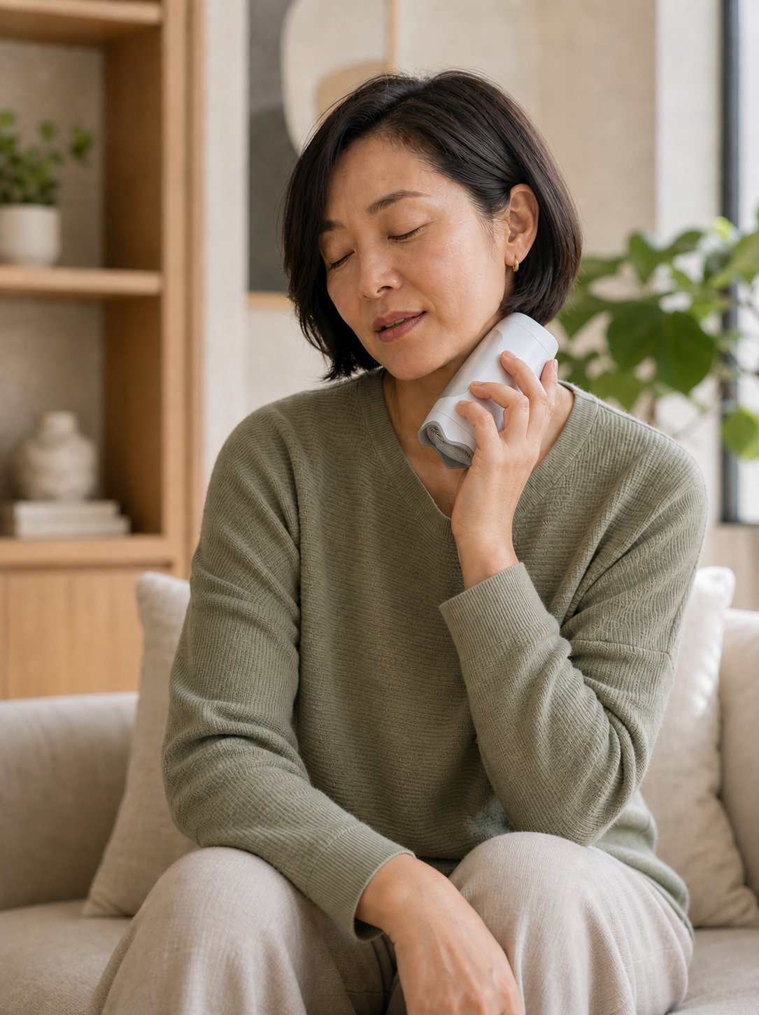 A woman using Cryo-1 on the side of her neck while sitting at home