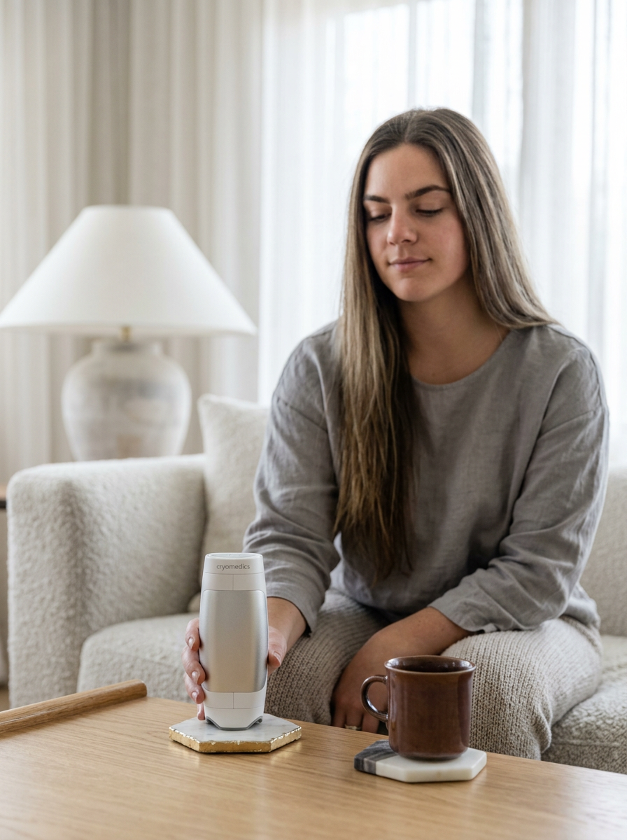 A woman sitting calmly on a couch at home