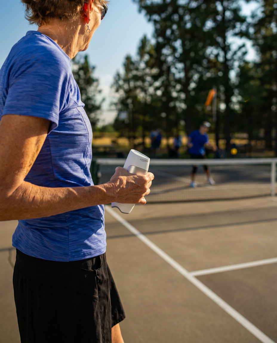 A woman on an outdoor court cooling down with the Cryo-1