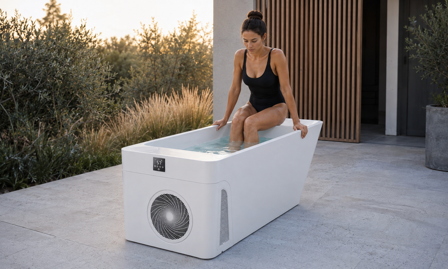 A beginner entering a cold plunge slowly