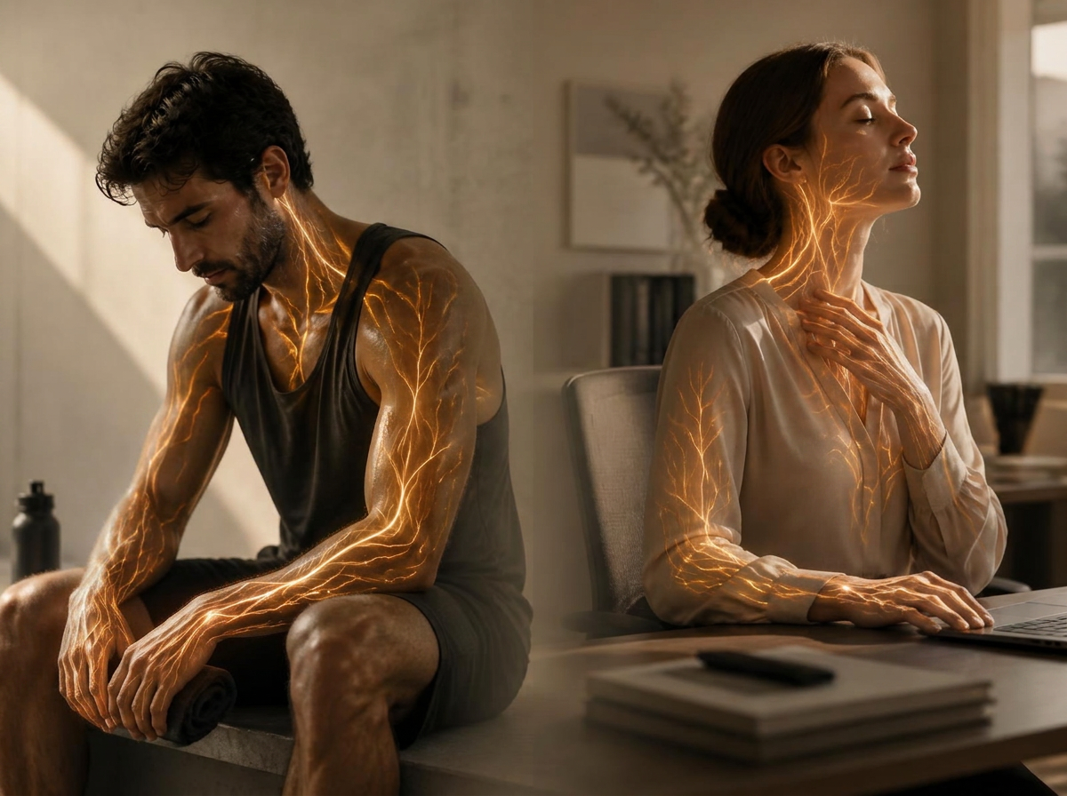 An athlete cooling down after training and a woman pausing at her desk, with soft glowing heat flowing through the body toward the hands
