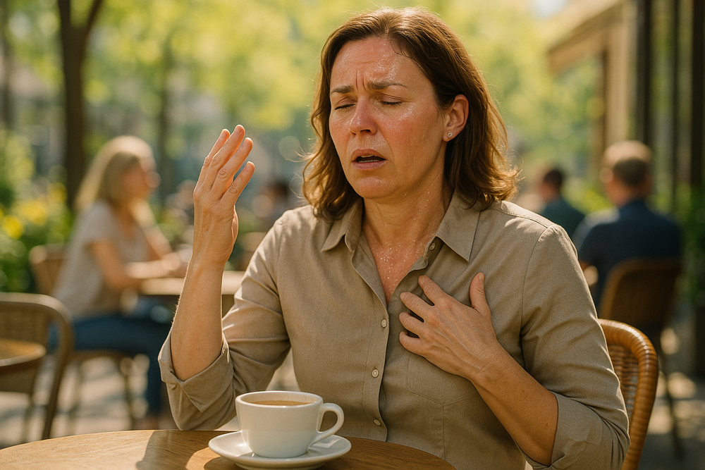 she is wearing a blouse and 10 years younger